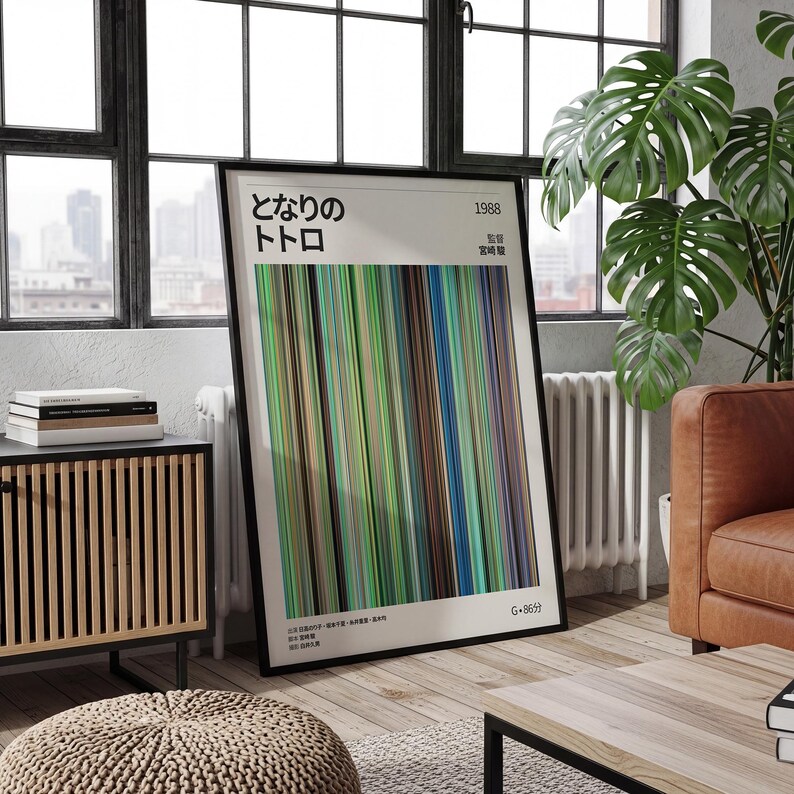 May include: Framed poster featuring Japanese text and vertical stripes in shades of green, blue, and brown. The poster has a black frame and is displayed in a well-lit room with a window and a leather sofa.