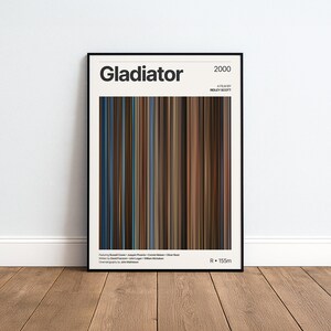 Könnte beinhalten: Ein gerahmtes Filmplakat für Gladiator 2000, unter der Regie von Ridley Scott. Das Design zeigt eine zentrale Farbpalette aus vertikalen braunen, blauen und beigen Streifen, mit Titel, Jahr, Besetzung und Crew in schwarzer Schrift auf weißem Grund.