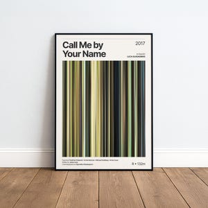 Könnte beinhalten: Ein gerahmtes Filmplakat für Call Me by Your Name, 2017, mit einer zentralen vertikalen Grafik im Barcode-Stil in gedeckten Grün-, Gelb- und Dunkelbrauntönen. Der Text enthält den Filmtitel, Regisseur, Besetzung, Drehbuch und Kamera.
