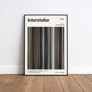 Puede incluir: Un póster de película enmarcado para el filme Interstellar de 2014, que presenta un gráfico central de barras verticales compuesto por finas rayas en tonos marrón, gris y azul, con texto negro que detalla los créditos y la producción.