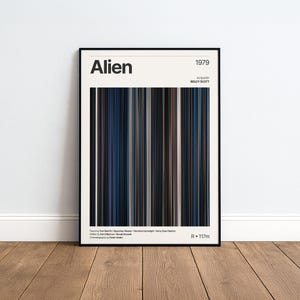 Puede incluir: Póster enmarcado en negro con el título de la película "Alien" y el año 1979. El póster tiene un diseño de rayas verticales en tonos azules, grises y marrones. También incluye el director y el reparto de la película.