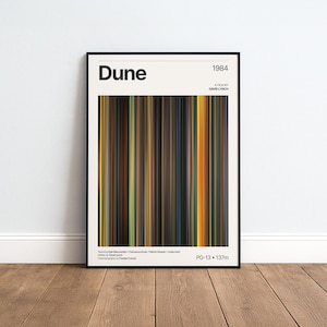 Può includere: Una locandina cinematografica incorniciata per il film Dune del 1984 diretto da David Lynch. Il poster presenta una tavolozza centrale di strisce verticali marroni, dorate, arancioni e blu scuro. Il testo include il titolo Dune, 1984, PG-13, 137m.