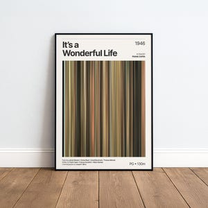 May include: A framed movie poster for the 1946 film It's a Wonderful Life, directed by Frank Capra. The design features a central vertical colour bar graphic composed of muted brown, grey, and tan tones, with white text detailing the film credits.