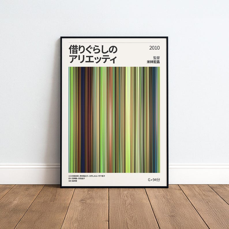 May include: A framed poster with a black border. The poster displays vertical stripes in shades of green, brown, and blue. Japanese text is at the top, with the year 2010 and other text below. The poster is on a wooden floor.