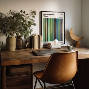 以下が含まれることがあります： 木製の机、革張りの椅子、ノートパソコン、そして「となりのトトロ」のポスターが飾られています。机には、緑の植物が入った花瓶、本、小さな置物、装飾用の木の三日月もあります。コーヒーカップがソーサーの上に置かれています。