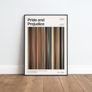 Pode incluir: Um cartaz de filme emoldurado para o filme Pride and Prejudice de 2005. O design apresenta uma paleta de cores central de listras verticais em tons de marrom, bege, verde e preto. O texto inclui o título, o ano e os créditos do filme.