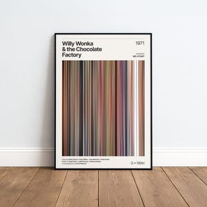 Könnte beinhalten: Ein gerahmtes Filmplakat für Willy Wonka & the Chocolate Factory, 1971. Das Design zeigt eine zentrale vertikale Grafik im Barcode-Stil, die aus dünnen, mehrfarbigen Streifen besteht, welche die Farbpalette des Films darstellen, mit schwarzem Text.