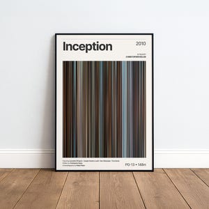 Può includere: Un poster cinematografico incorniciato per Inception, uscito nel 2010. Il design presenta il titolo, il regista Christopher Nolan e una grafica centrale composta da sottili strisce verticali multicolori nei toni del marrone, blu e grigio.