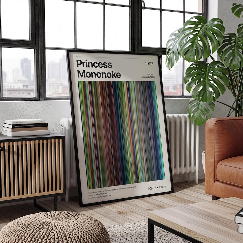 Puede incluir: Un p&oacute;ster enmarcado con el t&iacute;tulo "Princesa Mononoke" y un dise&ntilde;o de rayas verticales de colores. El p&oacute;ster est&aacute; en un marco negro. La habitaci&oacute;n tiene una ventana, un sof&aacute; de cuero y un mueble de madera.