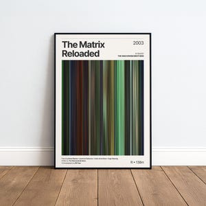 Peut inclure: Une affiche encadrée du film "The Matrix Reloaded". L'œuvre présente des rayures verticales vertes, marron et bleues. Le titre et l'année 2003 sont en haut, avec le générique du film en bas. L'affiche est posée sur un sol en bois.