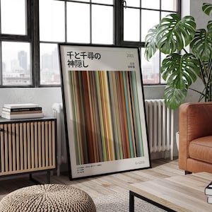 May include: Framed poster featuring vertical stripes in various colors, including brown, yellow, and green. Japanese text and the year 2001 are visible. The poster is displayed in a living room setting with a window and a leather sofa.