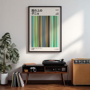 May include: A framed poster with Japanese text and vertical stripes in shades of green, blue, yellow, and brown. The poster is mounted above a mid-century modern style console with a record player, camera, and amplifier.