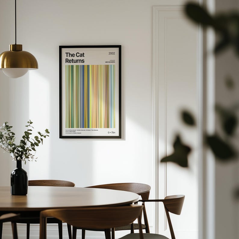 May include: A framed art print titled "The Cat Returns" with a colorful vertical stripe design. The print is displayed on a white wall above a wooden dining table with chairs. A black vase with greenery and a gold pendant light are also visible.