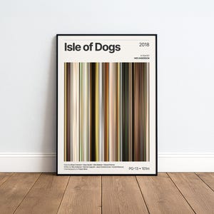 Könnte beinhalten: Ein gerahmtes Filmplakat für Isle of Dogs, 2018, unter der Regie von Wes Anderson. Das Design zeigt eine zentrale vertikale Grafik im Barcode-Stil, die aus dünnen, mehrfarbigen Streifen in Braun-, Beige-, Schwarz- und Weißtönen besteht.