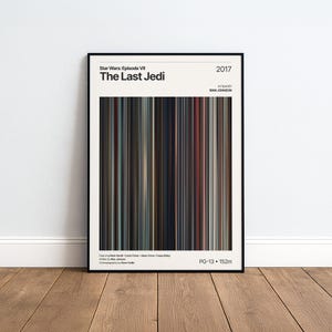 Peut inclure: Affiche encadrée de "Star Wars: Episode VII The Last Jedi" avec un cadre noir. L'affiche présente des rayures verticales de différentes couleurs. Le titre et l'année sont affichés en haut, avec la classification et la durée du film en bas.