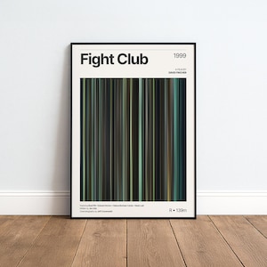 Könnte beinhalten: Ein gerahmtes Filmplakat für Fight Club 1999 mit einer zentralen vertikalen Farbpalette aus Dunkelgrün, Schwarz und Braun. Der weiße Rand zeigt den Titel, das Erscheinungsjahr, Regisseur David Fincher, die Besetzung und technische Filmdaten.