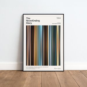 Könnte beinhalten: Ein gerahmtes Filmplakat für The NeverEnding Story aus dem Jahr 1984, unter der Regie von Wolfgang Petersen. Das Design zeigt eine zentrale vertikale Farbpalette aus dünnen Streifen in Braun-, Blau-, Gold- und Schwarztönen mit weißem Text.