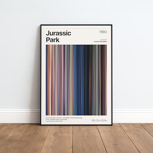 Könnte beinhalten: Ein gerahmtes Filmplakat für Jurassic Park 1993, ein Film von Steven Spielberg. Das Design zeigt eine zentrale vertikale Farbpalette aus dünnen Streifen in Blau-, Braun- und Grautönen, mit schwarzem Text, der die Besetzung und Crew auflistet.