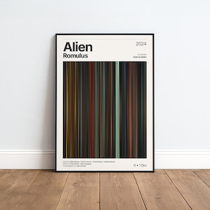 Könnte beinhalten: Ein gerahmtes Filmplakat für Alien Romulus 2024 mit einer zentralen Grafik aus vertikalen Farbstreifen in Schwarz, Braun, Rot und Türkis. Der weiße Rand enthält den Titel, den Regisseur Fede Álvarez, die Besetzung und die Laufzeit 119m.