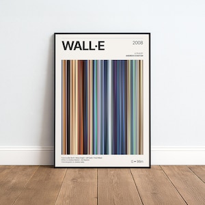Könnte beinhalten: Ein gerahmtes Filmplakat für WALL-E aus dem Jahr 2008, unter der Regie von Andrew Stanton. Das Design zeigt eine zentrale vertikale Farbpalette mit Streifen, die den Film repräsentieren, sowie Text mit Titel, Jahr, Credits und G-Rating mit 98m.