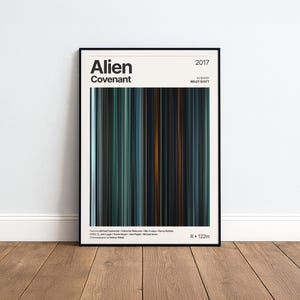 Puede incluir: Un póster enmarcado de la película "Alien: Covenant" con un diseño minimalista. El póster presenta rayas verticales en tonos de verde azulado, azul y naranja. El título y los detalles de la película están impresos en blanco y negro.