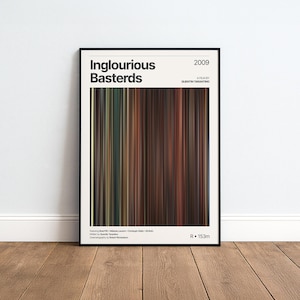 Pode incluir: Um cartaz de filme emoldurado para o filme Inglourious Basterds de 2009. O design apresenta uma paleta de cores vertical central de listras castanhas, pretas e vermelhas, com texto branco listando o título, ano e duração de 153m.