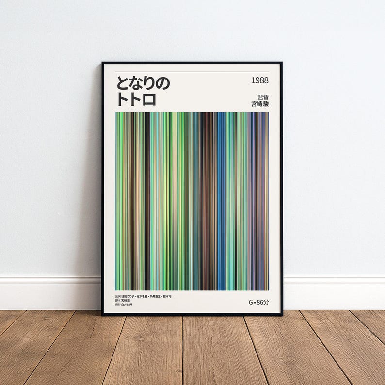 May include: Framed poster featuring a colorful vertical stripe design. The poster includes Japanese text and the year 1988. The color palette includes greens, blues, and browns. The poster is displayed on a wooden floor.