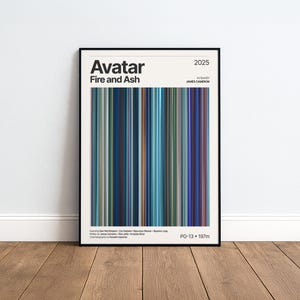 Könnte beinhalten: Ein vertikales Filmplakat für Avatar: Fire and Ash 2025 mit einem zentralen Block aus dünnen, mehrfarbigen vertikalen Streifen in Blau-, Türkis-, Grau- und Brauntönen. Der Text enthält den Titel, den Regisseur, die Besetzung und Details.