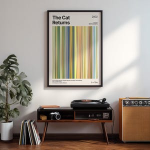 May include: A framed poster with the text "The Cat Returns" and a colorful vertical stripe design. The poster is displayed above a mid-century modern style console with a record player, camera, and amplifier.
