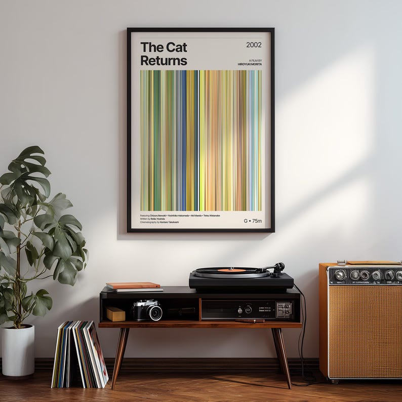 May include: A framed poster with the text "The Cat Returns" and a colorful vertical stripe design. The poster is displayed above a mid-century modern style console with a record player, camera, and amplifier.