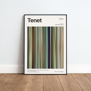 Könnte beinhalten: Ein gerahmtes Filmplakat für den Film Tenet aus dem Jahr 2020 unter der Regie von Christopher Nolan. Das Plakat zeigt einen zentralen vertikalen Block aus dünnen, mehrfarbigen Streifen in Braun-, Grün- und Blautönen sowie schwarzem Text.
