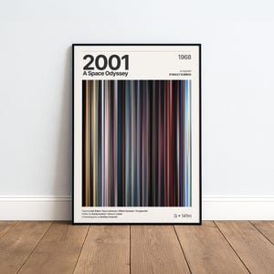 Puede incluir: Un póster de película enmarcado de 2001: Odisea del espacio de 1968. El diseño presenta una paleta de colores vertical central de rayas finas que representan las escenas de la película, con texto negro que detalla el título y los créditos.