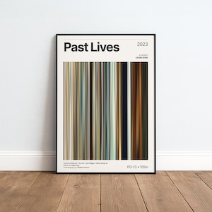 Peut inclure: Une affiche de film encadrée pour le film Past Lives de 2023 par Celine Song. Le design présente une palette de couleurs verticale centrale composée de fines rayures dans des tons beige, bleu, vert, marron et noir, avec du texte blanc.