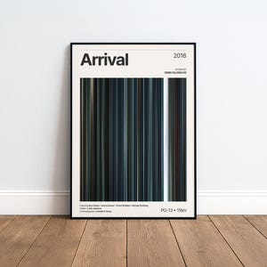 以下が含まれることがあります： 黒いフレームの映画「Arrival」のポスター。ポスターには、青、緑、茶色の縦線があります。「Arrival」のタイトルが上部にあり、2016年と表示されています。追加のテキストには、監督の名前と映画の詳細が含まれています。