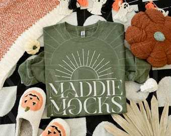 Halloween Sweatshirt Mockup, 18000 Military Green Mockup, Green Crewneck Mock-up, Fall Flatlay, Trendy Boho POD Mocks, Simple Cozy Aesthetic