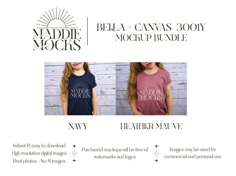 Op de afbeelding: Mockup van een Bella + Canvas 3001Y T-shirt in marineblauw en heidepaars. Het T-shirt heeft een grafisch ontwerp met de tekst "Maddie Mocks" en een zonafbeelding.