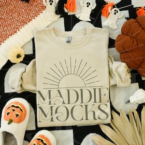 Halloween Sweatshirt Mockup, Gildan 18000 Sand Mockup, Neutral Crewneck Mock-up, Fall Flatlay, Trendy Boho POD Mocks, Simple Cozy Aesthetic