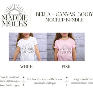 Op de afbeelding: Mockup-pakket voor Bella + Canvas 3001Y T-shirts. Twee afbeeldingen tonen een kind dat een wit en roze T-shirt draagt met de tekst "Maddie Mocks" erop gedrukt. De tekst is in een gestileerd lettertype met een zon en stralen-afbeelding erboven.
