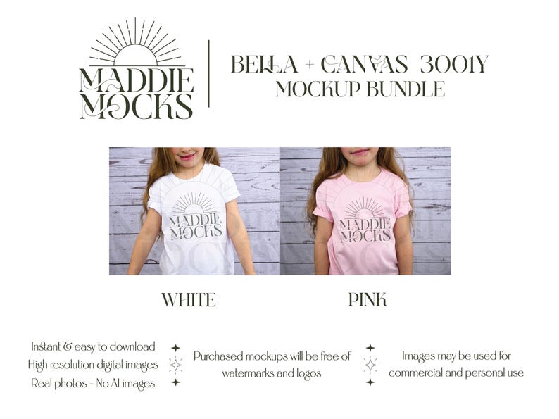 Op de afbeelding: Mockup-pakket voor Bella + Canvas 3001Y T-shirts. Twee afbeeldingen tonen een kind dat een wit en roze T-shirt draagt met de tekst "Maddie Mocks" erop gedrukt. De tekst is in een gestileerd lettertype met een zon en stralen-afbeelding erboven.