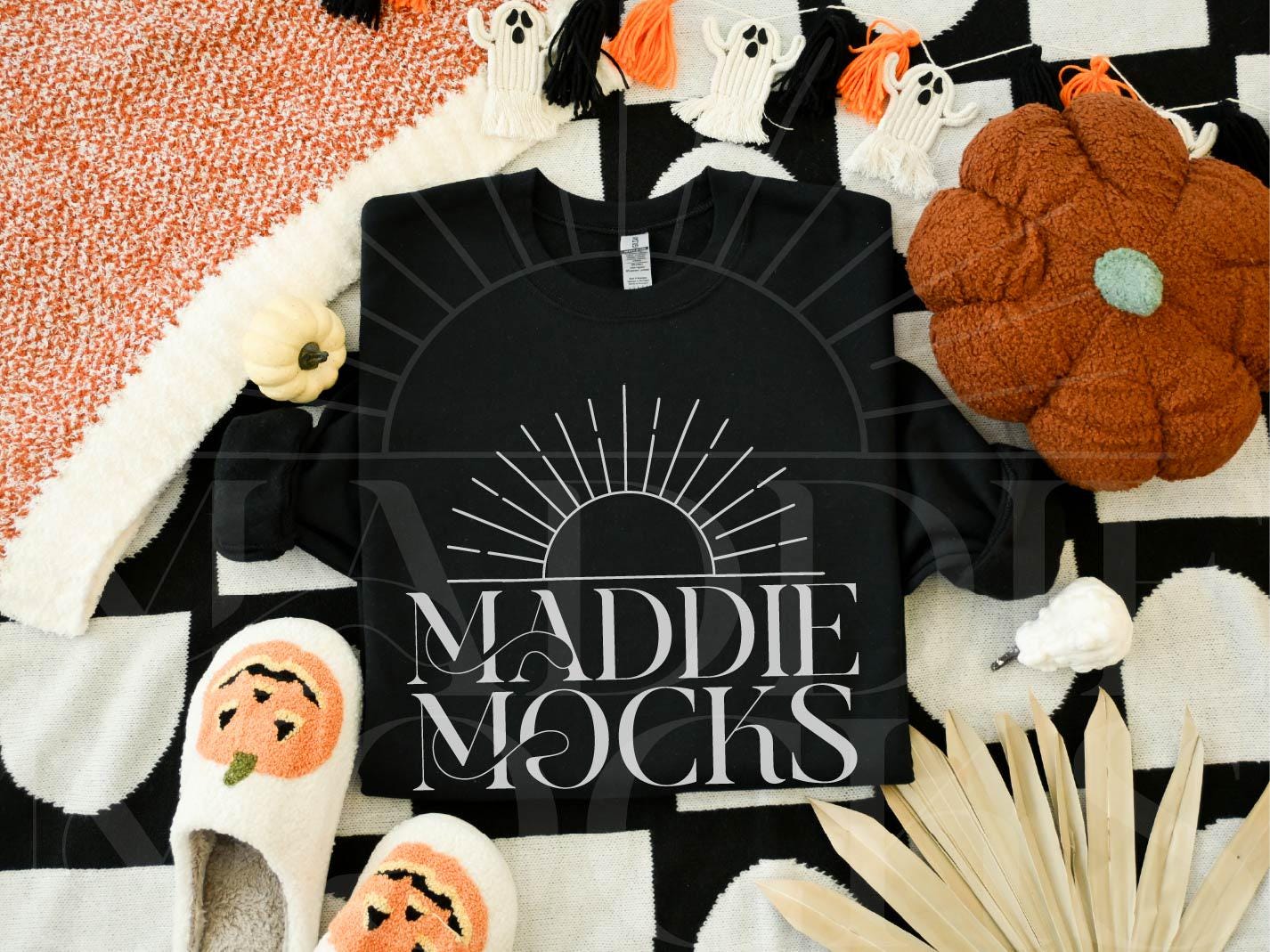 Halloween Sweatshirt Mockup, Gildan 18000 Black Mockup, Neutral Crewneck Mock-up, Fall Flatlay, Trendy POD Mocks, Simple Cozy Aesthetic