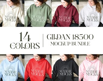 Maqueta de sudadera con capucha Gildan 18500, maquetas de sudadera con capucha G185, maquetas de modelos reales, maquetas de POD de moda, estética informal simple