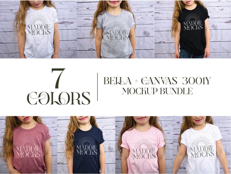 Op de afbeelding: Mockup-bundel met zeven Bella + Canvas 3001Y T-shirts in verschillende kleuren. De shirts hebben een grafisch ontwerp met de tekst "Maddie Mocks" en een zon-afbeelding.