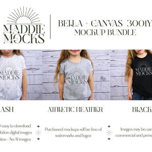 Op de afbeelding: Drie mockups van een kinder T-shirt in verschillende kleuren: as, atletiek heather en zwart. Elk shirt heeft de tekst "MADDE MOCKS" in een zwart-wit grafisch ontwerp. De tekst "BELLA + CANVAS 3001Y MOCKUP BUNDLE" wordt boven de mockups weergegeven.