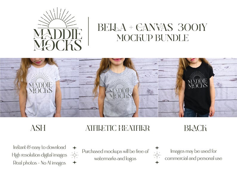 Op de afbeelding: Drie mockups van een kinder T-shirt in verschillende kleuren: as, atletiek heather en zwart. Elk shirt heeft de tekst "MADDE MOCKS" in een zwart-wit grafisch ontwerp. De tekst "BELLA + CANVAS 3001Y MOCKUP BUNDLE" wordt boven de mockups weergegeven.