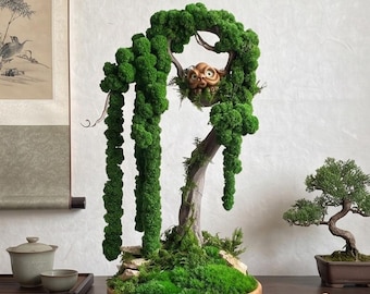 Preserved Moss Bonsai Tree Sculpture | Zero Maintenance Zen Decor | Handmade Indoor Greenery Art | Japanese Style Tabletop Centerpiece Gift