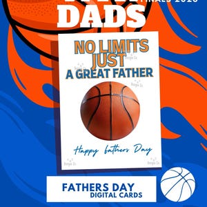 May include: A digital greeting card featuring a basketball graphic and the text NO LIMITS JUST A GREAT FATHER and Happy fathers Day. The background displays a large orange basketball and blue flames with the text NYK DADS FINALS 2026 and ARY DESIGNS CO.