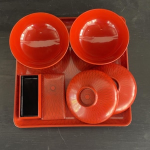 Vintage Japanese Lacquerware Set W/ 2 Bowls & Lids, Box, And Tray