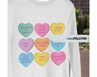 Mom Life Conversation Heart Sayings Funny Valentines Day sweatshirt | pastel candy hearts shirt