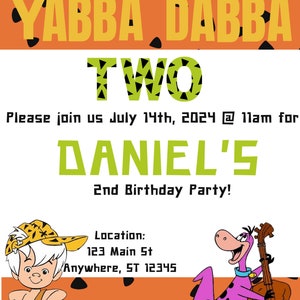 Yabba Dabba TWO Boys Birthday Invitation, Flintstone Invitation, Bam Bam, Dino