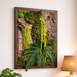 Bark Moss Wall Art, Preserved Moss Art, Botanical Wall Art, Framed Rectangle Vertical and Horizontal Single - Green Reindeer Sheet Pole